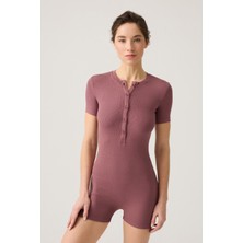 Los Ojos Bordo Fitilli Kısa Kollu Kısa Tulum Short Romper