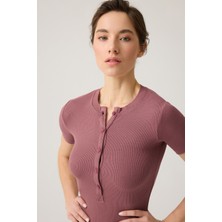 Los Ojos Bordo Fitilli Kısa Kollu Kısa Tulum Short Romper