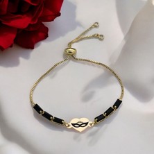 Archin 14 Ayar Altın Plakalı Şık Kalp Motifli Siyah Taşlı Özel Semboller Bilekliği