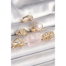 Pirinç Gold Renk Beyaz Incili Zincir Yüzük Figür Işleme Detay 6'lı Kadın Yüzük Seti - TJ-BYK3615