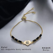 Archin Zarif Kalp Motifli Siyah Taşlı ve 14 Ayar Altın Plakalı Burç Sembollere Özel Bileklik