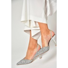 Fox Shoes U614567114 Gümüş Sim Kalın Topuklu Abiye Ayakkabı