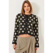 Tena Kadın Koyu Antrasit-Krem Beş Düğmeli Baklava Desenli Sakallı Triko Hırka