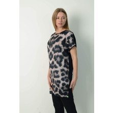 Angelino Butik Büyük Beden Önü Saten Leopar Tunik FR887