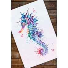 The Reef Design Deniz Atı Desenli Kaymaz Yıkanabilir Dijital Baskı Deniz Temalı Halı