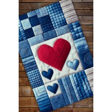 The Reef Design Patchwork Jean Görünümlü Kalpli Kaymaz Tabanlı Yıkanabilir Dijital Baskılı Halı