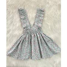 Eylülce Butik Kız Çocuk Mavi Çiçekli Fiyonklu Fırfır Askılı Salopet Elbise (%100 Pamuk Kumaştan Üretilmiştir.)