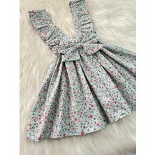 Eylülce Butik Kız Çocuk Mavi Çiçekli Fiyonklu Fırfır Askılı Salopet Elbise (%100 Pamuk Kumaştan Üretilmiştir.)