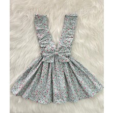 Eylülce Butik Kız Çocuk Mavi Çiçekli Fiyonklu Fırfır Askılı Salopet Elbise (%100 Pamuk Kumaştan Üretilmiştir.)