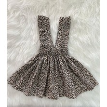 Eylülce Butik Kız Çocuk Leopar Fiyonklu Fırfır Askılı Salopet Elbise (Kumaştan Üretilmiştir.)