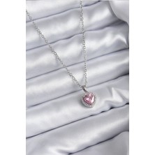 Winwin Store 316L Çelik Zincir Gümüş Renk Pembe Zirkon Taş Charm Model Kadın Kolye
