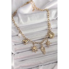 Winwin Store 316L Çelik Gold Renk Halka Zincir Zirkon Taş Detaylı Fatma Ana El Figür Güneş Detay Kadın Kolye