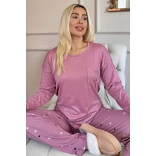 Pudra Yıldız Desenli Bambu Uzun Kol Kadın Pijama Takımı