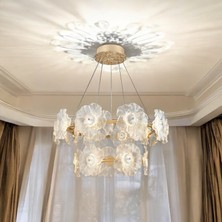 212 Aydınlatma 125 W 2 Katlı Gold Çiçek Desenli Kristal Taşlı Modern Salon LED Sarkıt Avize