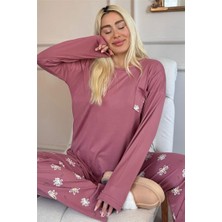 Pudra Papatya Desenli Bambu Uzun Kol Kadın Pijama Takımı