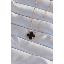 Winwin Store 316L Çelik Gold Renk Siyah Mineli Yonca Kolye