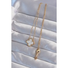 Winwin Store 316L Çelik Gold Renk Beyaz Sedefli Yonca Kolye