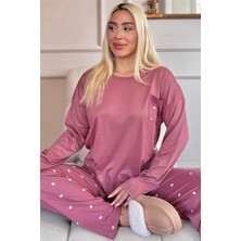 Pudra Kalp Desenli Bambu Uzun Kol Kadın Pijama Takımı