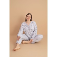 Temporium Kadın Büyük Beden Desenli Yakası Düğmeli Uzun Kollu Bambu Pijama Takımı
