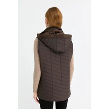 Desen Triko Kadın Kapüşonlu Yan Cepli Kapitone Yelek Kahve