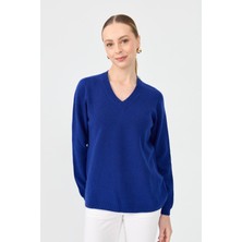 Desen Triko Kadın V Yaka Klasik Yün Kazak K.s.mavi