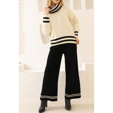 Vegenze Kadın Krem Siyah Çizgili Degaje Yaka Oversize Kazak Pantolon Ikili Takım