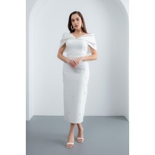 Lafaba Kadın Beyaz Kayık Yaka Incili Abiye Elbise Söz Nişan Nikah İçin Şık Midi Stil