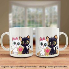 Asilmeydan Çift Yön Renkli Baskılı Sevimli İki Kedi -Kalp - Karikatür Kupa Bardak