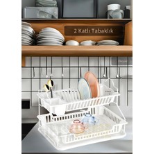 2 Katlı Bulaşıklık Paslanmaz Tezgah Üstü Tabaklık Bpa Free Bulaşık Sepeti Kurutmalık Beyaz