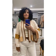 Divitin Özel Tasarım Çizgili Keten Kumaş Bohem Kısa Kimono