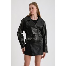 Kadın Oversize Biker Deri Ceket