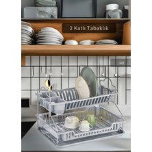 2 Katlı Bulaşıklık Paslanmaz Tezgah Üstü Tabaklık Bpa Free Bulaşık Sepeti Kurutmalık Gri
