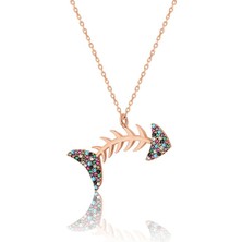 Zanaat Silver 925 Ayar Gümüş Zirkon Taşlı Rose Balık Kılçığı Gümüş Kolye Rose-Mix Renk Tek Ebat Beden