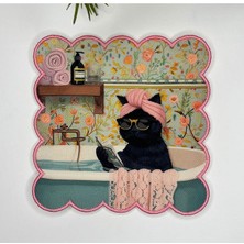 Decofav Keyifçi Elegant Siyah Kedi Tasarımlı Nakış Kenar Kumaş Kokteyl Peçetesi 1 Adet