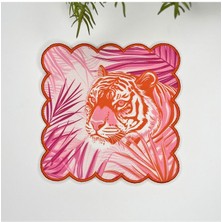 Decofav Tropikal Yapraklar ve Kaplan Maximalist Tasarımlı Nakış Kenar Kumaş Kokteyl Peçetesi 1 Adet