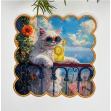 Decofav Yağlıboya Tatilci Beyaz Kedi Tasarımlı Nakış Kenar Kumaş Kokteyl Peçetesi 1 Adet