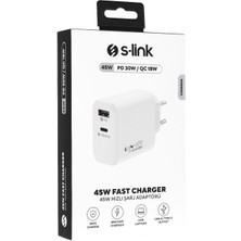 S-Link SL-EC68 45W Gan Pd 30W / Qc 18W Type Type Usb-C +Usb A Hızlı Beyaz Ev/notebook Şarj Adaptör