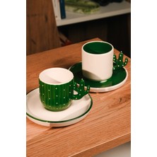 El Yapımı Kaktüs Desenli Seramik 2'li Türk Kahvesi Fincan Seti | 100 ml | Ceramic | 4 Parça