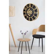 Çarklı Siyah Kasa Gold Rakam Duvar Saati 34  cm