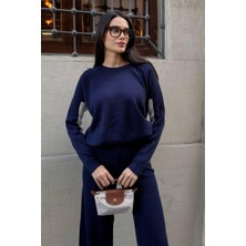 Kol ve Paçada Şerit Tasarım Oversize Beden Kazak Pantalon Ikili Triko Takım 034