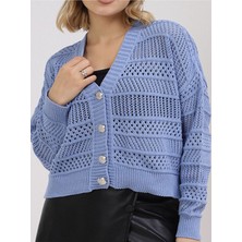 Kadın Mavi Yazlık Delikli Düğmeli Hırka