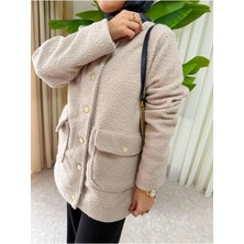 Aselim Hijap Moda Altın Detaylı Bej Teddy Ceket -Ikili Takım Zarif ve Modern