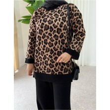 Aselim Hijap Moda Leopar Desen Kışlık Ikili Triko Takım Gri