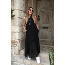 Qimya Butik Kadın Eteği Şifon Ribanalı Kolsuz Elbise