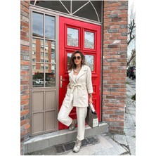 Qimya Butik Kadın Dar Paça Pantolon Beli Bağlamalı Ceketli Keten Takım