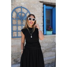 Qimya Butik Kadın Kayık Yaka Kolsuz Yanları Drapeli T-Shirt Altı Bol Etekli Sandy Kumaş Ikili Takım