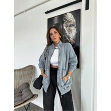 Qimya Butik Egzotik Asortik Kadın Dik Yaka Yıkamalı Fermuarlı Uzun Sweatshirt
