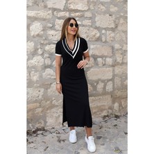 Qimya Butik Buketli Kadın Geniş Ribana Detaylı Yırtmaçlı Uzun Modal V Yaka Kısa Kollu Elbise