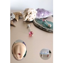 %100 316 L Cerrahi(Medikal) Çelik Pembe Zirkon Taşlı Dil Piercingi - Bar Uzunluğu 16 mm - 1 Adet