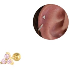 925 Ayar Gümüş Gold Minik Pembe Üç Taşlı Piercing Küpe Bar Uzunluğu 6mm 1 Adet
